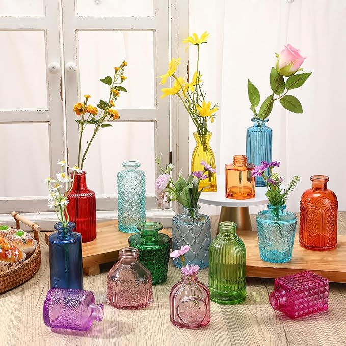 Yaomiao 30 Pcs Vases Bulk Colored Flower Glass Bud Vases Valentine Vintage Colored Glass Bottles Colorful Rustic Embossed for Home Wedding Table Decorations Gifts(Bright Color)
