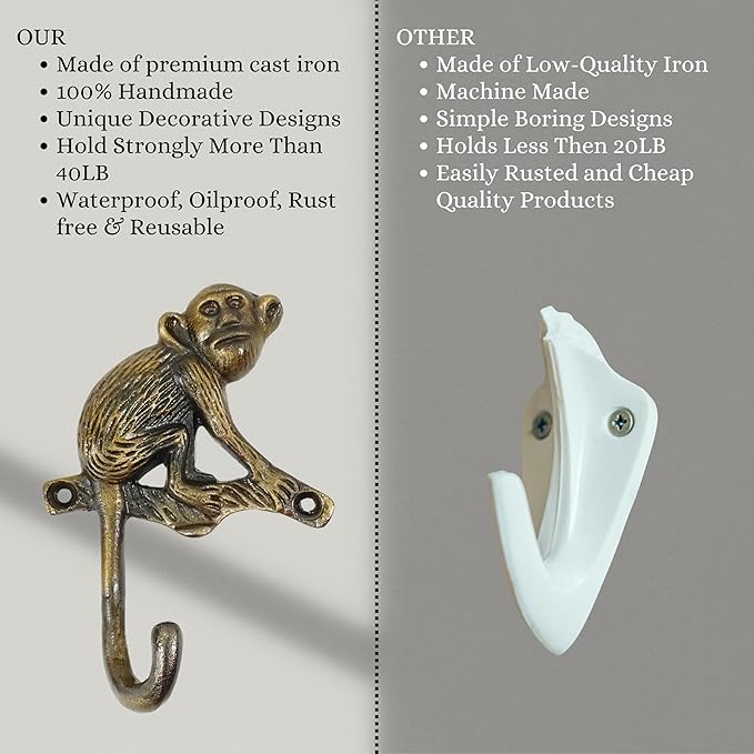 Set of 3 Cast Iron Monkey Shape Coat Hooks Wall Art Decor-Monkey Shape Hangers and Key Holder-Clothes Rack and Backpack Hanger-Coat Hooks Home Decor for Storage,Living Room (Antique Finish)