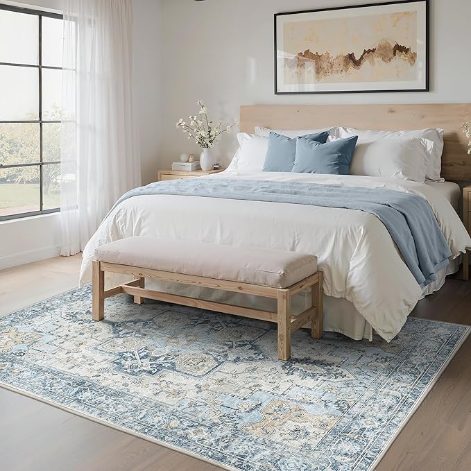 BESBLEE 5x7 Area Rugs for Living Room, Machine Washable Rug, Non Slip Vintage Rugs, Low Pile Lightweight Print Rug for Bedroom, Dining Room, Home Office, Blue