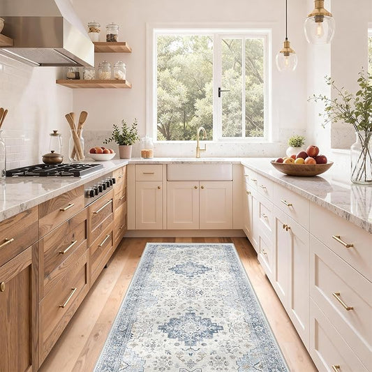 GENIMO 2'6''x6 Runner Rug,Machine Washable Non-Slip Vintage Rugs,Low Pile Lightweight Carpet for Bedroom,Hallway,Entryway,Kitchen,Bathroom,Blue