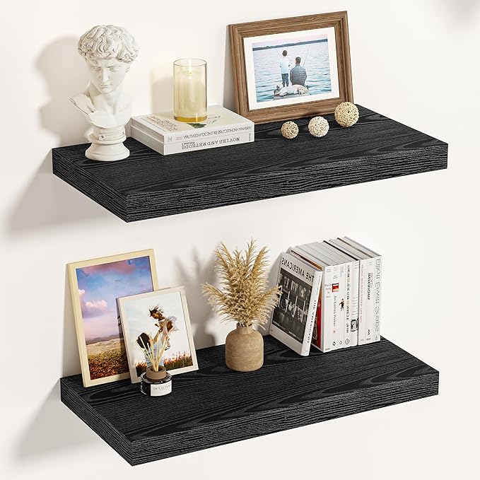 Vivelove Black Floating Shelves 23.6 Inches Wide, 12" Deep Wall Shelves for Bedroom, Bathroom, Living Room, Kitchen, Office, Rustic Home Decor Shelf with Invisible Brackets, 23.6X12X 1.5, Set of 2