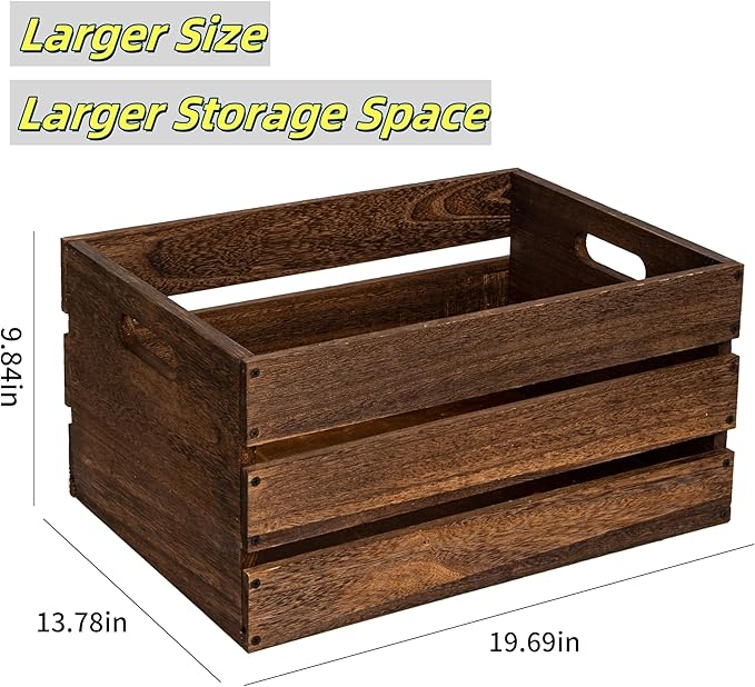 20" L Oversize Wooden Crates For Storage, Wood Milk Crates Of Farmhouse Vintage Brown ,Vinyl Record Storage Crates,Extra Large Size Rustic Decration Wood Storage Crates (Vintage Brown)