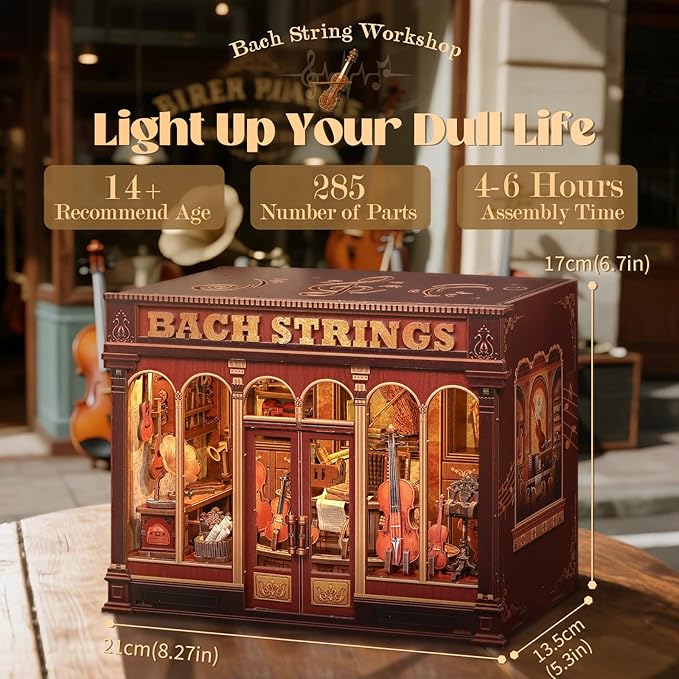 CUTEFUN Book Nook Kit - 3D Puzzle Musical Instrument Store Bookend Bookshelf Decor for Adults, Tiny House Miniature Model Building Kits, DIY Crafts Gifts for Teens & Book Lovers (Bach Strings)