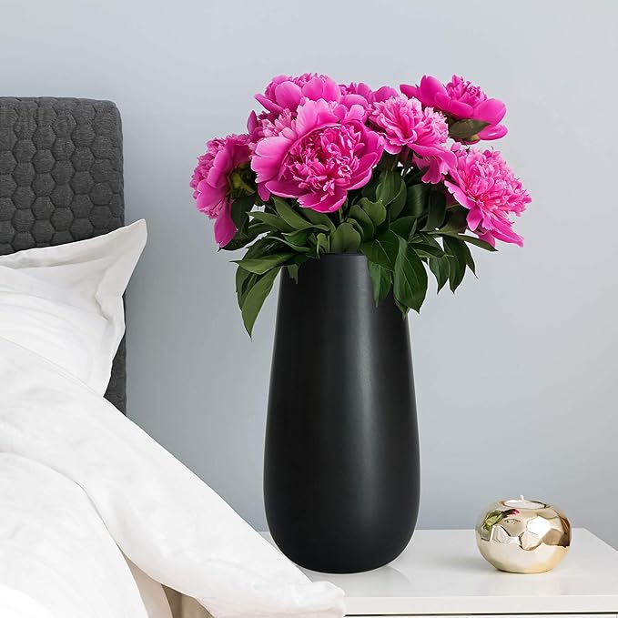 D'vine Dev 10 Inch Ebony Black Elegant Oval Ceramic Vase for Flowers, Home Décor Vase with Design Box, VS-LD-B-5