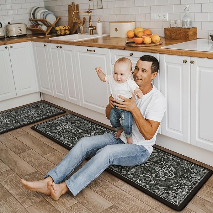 KIMODE Anti Fatigue Kitchen Mat Cushioned, Boho Distressed Kitchen Rugs Sets of 2, Non Slip Memory Foam Kitchen Mat for Floor, Standing Desk Mat for Laundry Office Sink 17.3"x29"+17.3"x59" Black