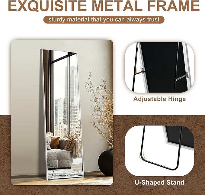 Delma Full Length Mirror,Large Floor Mirror with Aluminum Frame for Bedroom, Bathroom, Living Room,Wall Mount or Freestanding Design(with Stand,Rect 56x15-Silve)