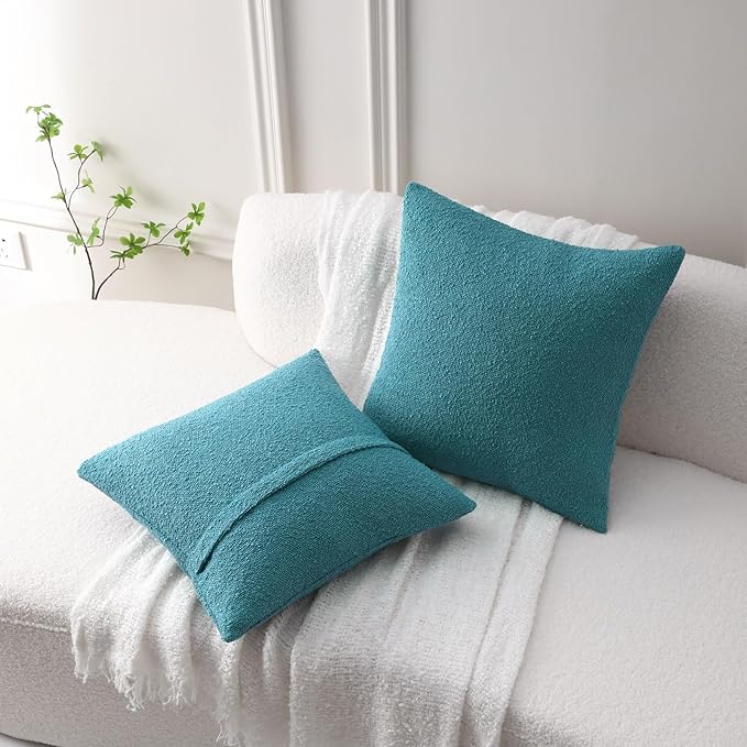 FUTEI Pack of 2 Teal Blue Decorative Throw Pillow Covers 24x24 Inch Soft Cozy Solid Boucle Textured European Cushion Case,Modern Home Decor for Couch Bed Living Room