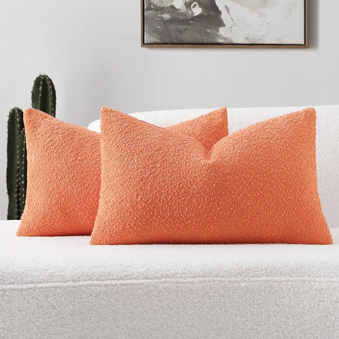 FUTEI Pack of 2 Orange Decorative Throw Pillow Covers 12x20 Inch Soft Cozy Solid Boucle Textured Lumbar Pillow Cases,Modern Home Decor for Couch Bed Living Room
