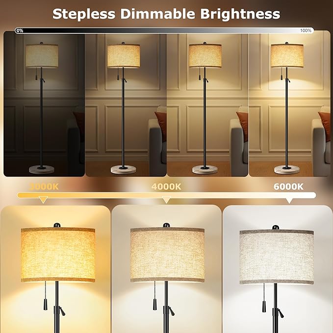 FUNNYBEHOM Floor Lamp for Living Room, Floor Lamp with Remote Control, Adjustable Height Modern Standing Lamp with Marble Base & Linen Shade, Dimmable Tall Floor Light for Bedroom, Reading Black