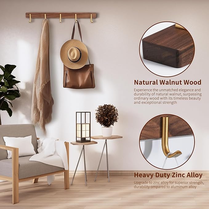 Wall Mounted Coat Rack, Entryway Hanging Rack with Rustic Hooks for Coat, Scarf, Bag, Towel, Key, Cap, Hat - Walnut Gold Matt (5 Hooks - J Shape)