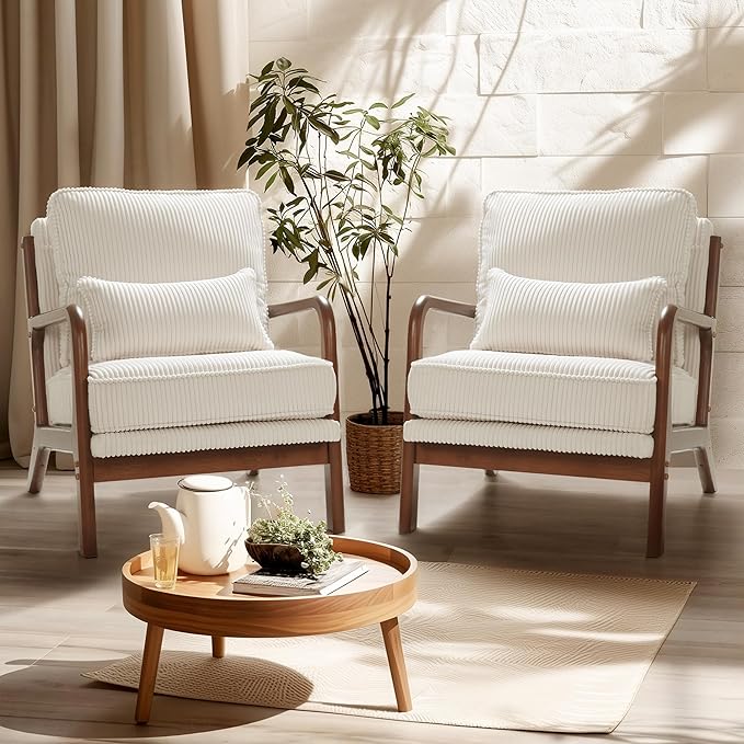 FLEXISPOT AC1 Accent Chair, Mid-Century Modern Armchair with Wood Frame, Comfy Corduroy Upholstered Reading Chair with Lumbar Pillow, 8" Thick Cushion for Living Room Bedroom Sunroom(White)