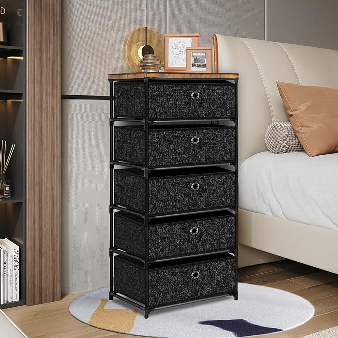 Nightstand with 5 Drawers, Clothes Storage Organizer, Small Fabric Dresser for Bedroom, Closet, Entryway, Hallway, Nursery, Dorm