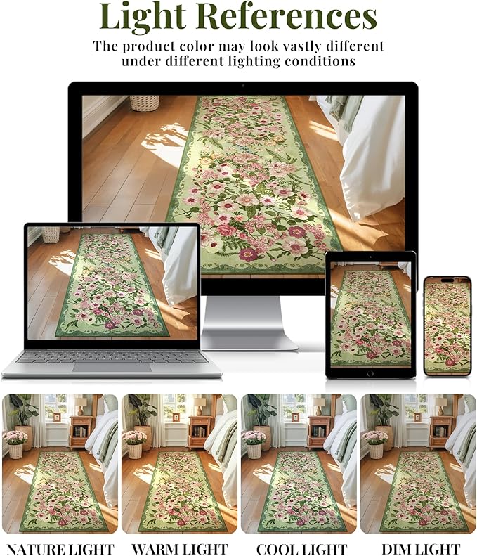 AREAMAY Floral Bedroom Rug - 4x6 Washable Area Rugs Non-Slip Soft Low-Pile Stain Resistant Carpet Flower Print Vintage Indoor Rug for Living Room Dining Room Office Nursery Room, Green