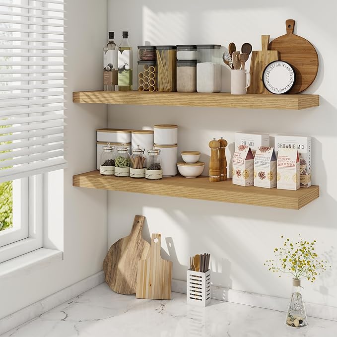 Fun Memories 36 Inch Floating Shelves, 9.3 Inch Deep Rustic Wall Shelves - Extra Deeper Wall Mounted Storage Shelves for Bathroom, Kitchen, Living Room (Oak, Set of 2)