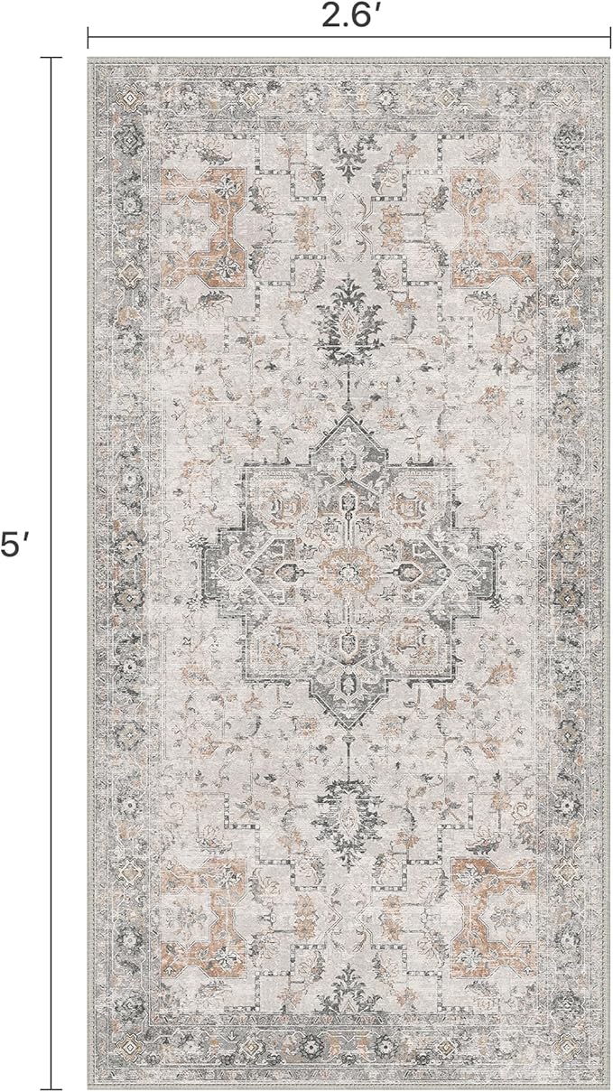 BESBLEE Runner Rug 2'6''x5 Non Slip Machine Washable Vintage Hallway Runner Rug, Low Pile Lightweight Rugs for Entryway, Hallway, Kitchen and Corridor, Light Taupe Brown