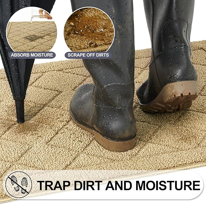 REFETONE Indoor Doormat, Front Back Door Mat 20"x32" Rubber Backing Non Slip Mats, Absorbent Washable Entrance Doormat for Entryway, Resist Dirt Low-Profile Inside Floor Mat for Muddy Shoes, Beige