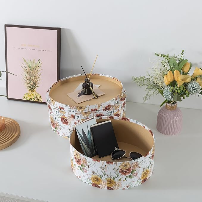 Soul & Lane Large Oval Cardboard Decorative Storage Boxes with Lids - Autumnal Elegance, Set of 2, Nesting Cardboard Storage for Flowers and Gifts, Memory Boxes for Keepsakes and Organizing