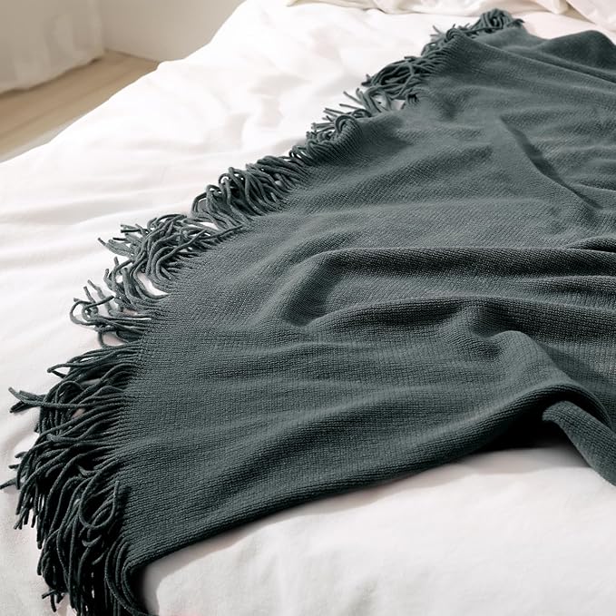 Homiest Decorative Knitted Throw Blanket With Fringe, Lightweight Acrylic Knit, Soft & Cozy Tassel for Couch Sofa Bed (Charcoal Grey, 50 x 60 Inch)