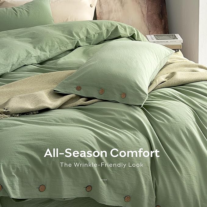 JELLYMONI 100% Washed Cotton Duvet Cover Full – Soft, Breathable Linen-Look Bedding with Natural Wrinkle Texture, Button Closure, 3-Piece Set (Mint Green, 80"x90")