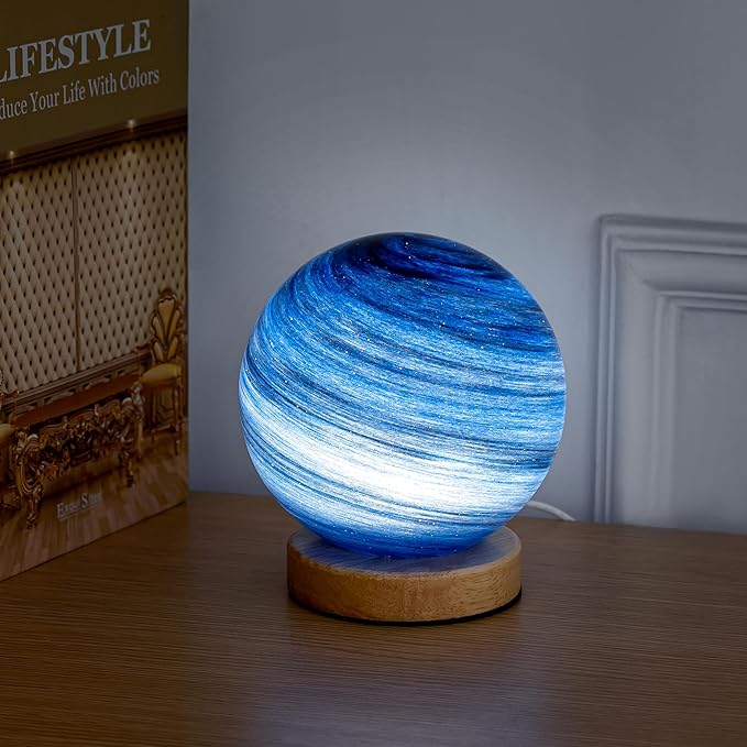 New Model Neptune Blue Planet Night Light Glass Bedside with Wooden Base 3 Modes - Dimmable Swirl Planet Table Lamp for Bedroom Nightstand, Desk Lamp for Living Room, Office, Kids Room