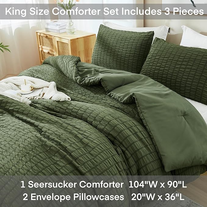AveLom Dark Olive Green Seersucker King Comforter Set (104x90 inches), 3 Pieces-100% Soft Washed Microfiber Lightweight Comforter with 2 Pillowcases, All Season Down Alternative Bedding Set