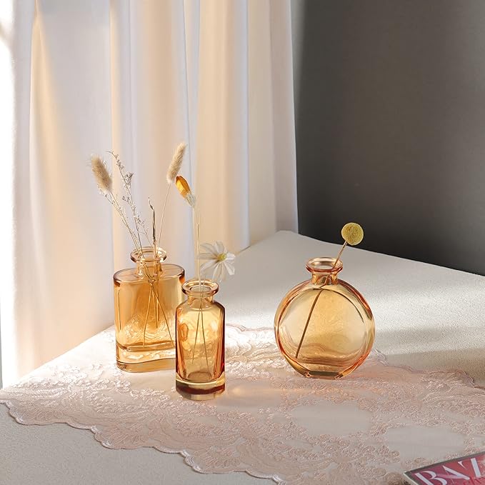 Joeyan Amber Glass Bud Vase Set of 3 - Decorative Rustic Flower Vase - Small Bottle Vase Centerpieces for Wedding, Home, Office, Table Décor