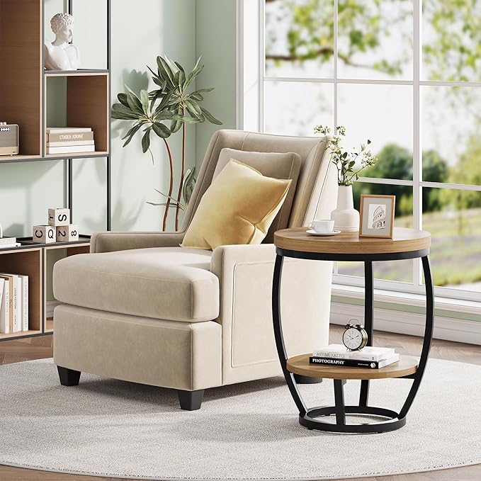 Round End Table, 2 Tier Industrial Side Table, Nightstand with Metal Frame, Accent Bedside Table with Storage Shelves for Living Room, Bedroom, Small Spaces, Light Brown & Black