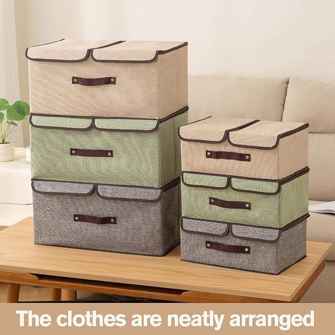 Linen Storage Boxes with Removable Dividers, 2-Pack Large Foldable Organizer Bins, Gray Fabric Containers with Handles for Clothes, Blankets, Underwear Storage (Green, 2Pack*37.5L)