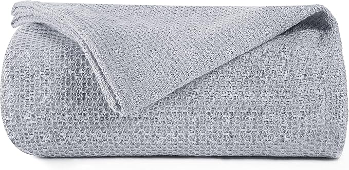 BOUTIQUO 100% Cotton Bed Blanket, Breathable Thermal Blanket Full - Queen Size, Soft Honeycomb Waffle Blanket 90"x90", Cotton Bed Blanket, Perfect for Layering Any Bed for All Season, Light Grey
