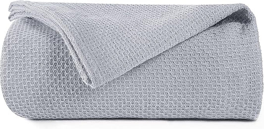 BOUTIQUO 100% Cotton Bed Blanket, Breathable Thermal Blanket Full - Queen Size, Soft Honeycomb Waffle Blanket 90"x90", Cotton Bed Blanket, Perfect for Layering Any Bed for All Season, Light Grey
