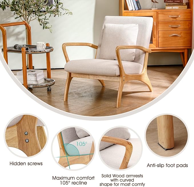 ELUCHANG Accent Chair with Lumbar Pillow,Mid-Century Modern Accent Chair Armchair, Linen Fabric Comfy Reading Chair Lounge Side Chair for Living Room Bedroom Apartment,Easy Assembly(Beige2)