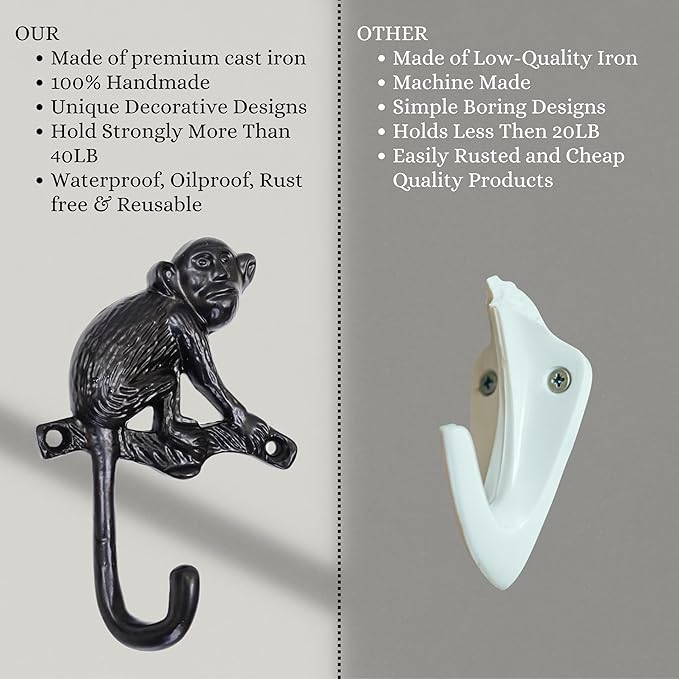Set of 3 Cast Iron Monkey Shape Coat Hooks Wall Art Decor-Monkey Shape Hangers and Key Holder-Clothes Rack and Backpack Hanger-Coat Hooks Home Decor for Storage, Living Room, Hallway, Office
