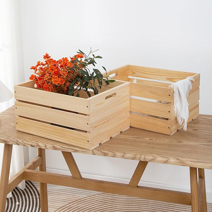 3 Pieces Large Pine Wood Crates For Storage, Unfinished Natural Wooden Crates, 17" x 13" x 8.9" Each, Holds Up to 50 Pounds