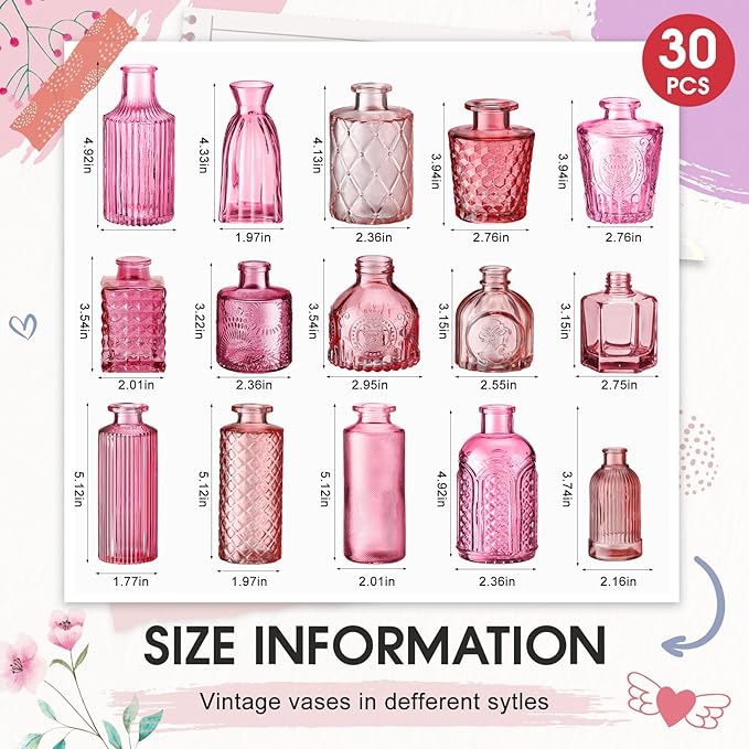 Yaomiao 30 Pcs Vases Bulk Colored Flower Glass Bud Vases Valentine Vintage Colored Glass Bottles Colorful Rustic Embossed for Home Wedding Table Decorations Gifts(Pink Series)