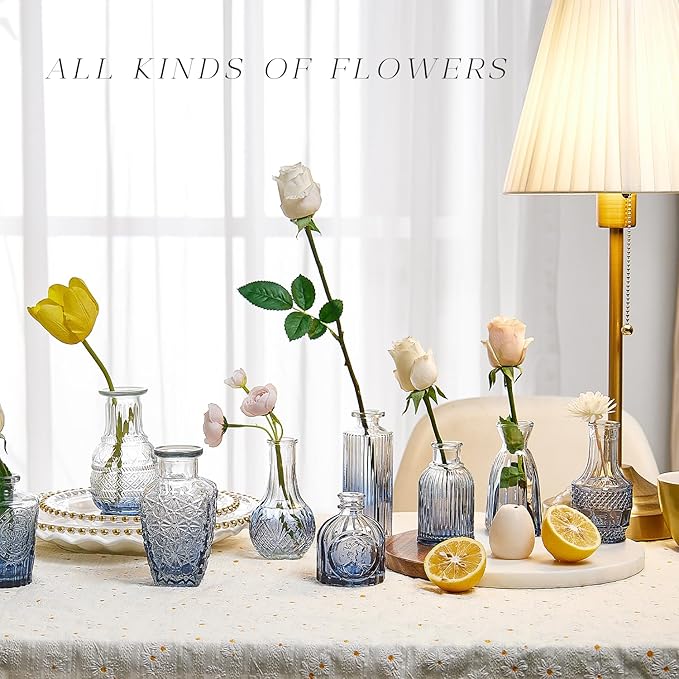Glass Bud Vase Set of 20, Small Flower Vases, Glass Vases for Centerpieces, Vintage Home Table Decorations Bud Vases (20 Pcs, Blue)