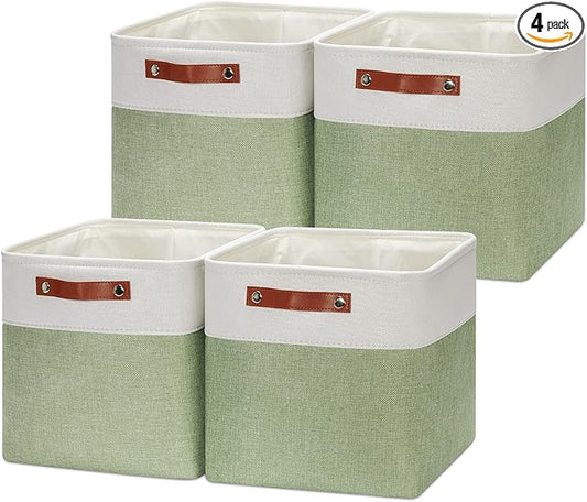 HNZIGE Fabric Storage Cubes Set of 4, 12 x 12 Decorative Bins for Shelf, Toy and Dog Toy Baskets for Kids (Green White)