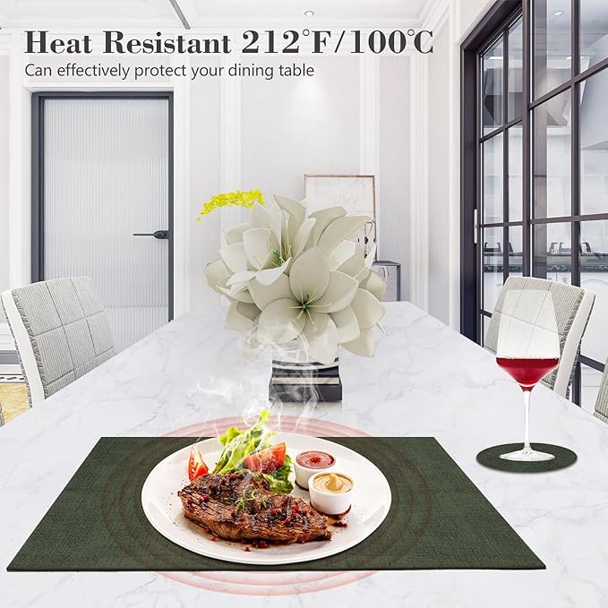 Faux Leather Placemats Set of 6,Heat Resistant Placemats for Dining Table, Easy Clean Non-Slip Place Mats, Waterproof Stain Resistant Wipeable Washable PU Table Mats, (Dark Green)