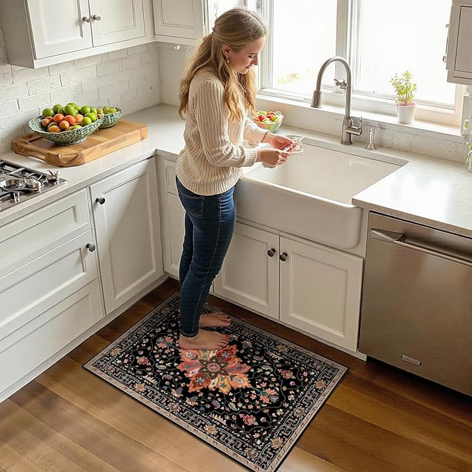 RELEANY Area Rugs 2'x3' Washable Non-Slip, Floral Vintage Distress Print Pattern Medallion Carpet for Living Room Bedroom Dining Room, Black Colorful Floral Dark Tan