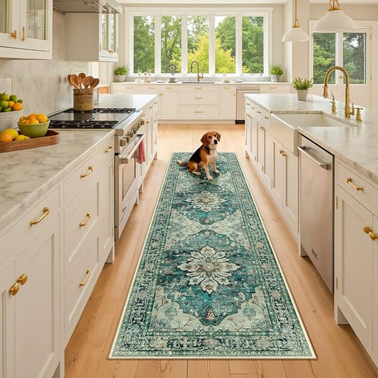 RELEANY Area Rugs 2'x8' Washable Non-Slip, Floral Vintage Distress Print Pattern Medallion Carpet for Living Room Bedroom Dining Room, Dark Blue Vintage