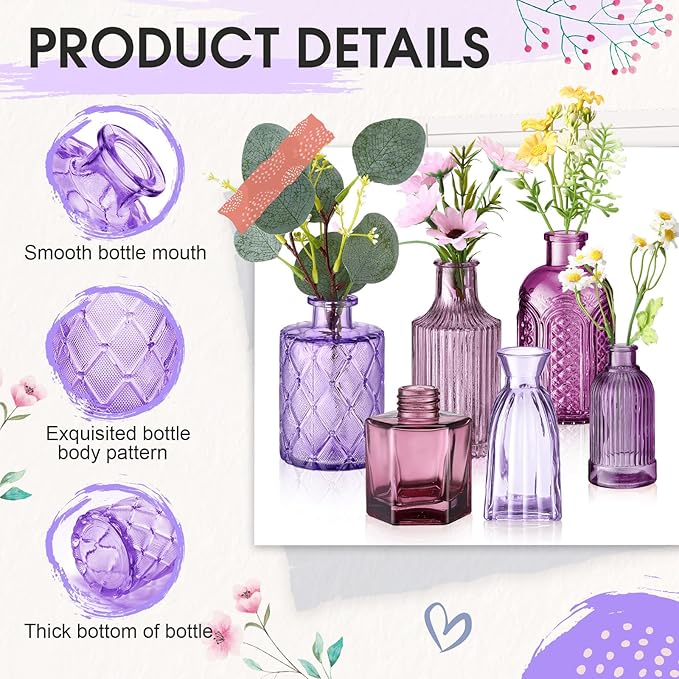 Yaomiao 30 Pcs Vases Bulk Colored Flower Glass Bud Vases Valentine Vintage Colored Glass Bottles Colorful Rustic Embossed for Home Wedding Table Decorations Gifts(Purple Series)