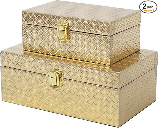 Faux Leather Decorative Jewelry Storage Organizer Boxes Set of 2, Gold