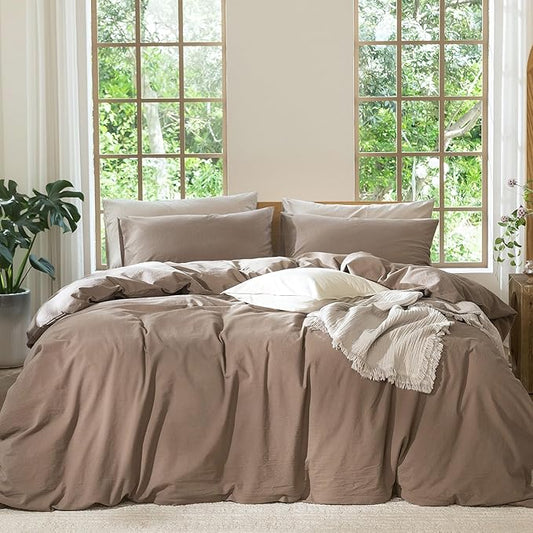 MooMee Bedding Duvet Cover Set 100% Washed Cotton Linen Like Textured Breathable Durable Soft Comfy (Solid Brown, Super Queen 90"x98")