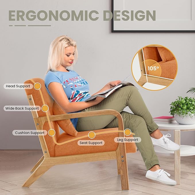 Aunekiv Accent Chair with Pillow Upholstered Mid-Century Chair Living Room Chair for Small Space Solid Wood Frame Reading Chair with Soft and Thick Cushion Armchair for Bedroom Balcony Orange 1PC