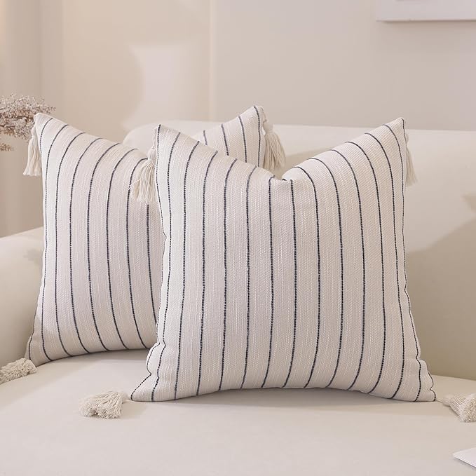 QDTTSRY Decorative Boho Throw Pillow Cover 20x20 Inch Set of 2, Soft Textured Linen Striped Throw Pillows with Tassels, Farmhouse Decor Cushion Covers for Couch Bed Living Room, Dusty Blue
