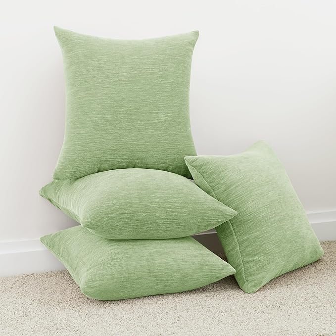Set of 4 Sage Green Throw Pillow Covers 20x20 Inch, Neutral Boho Farmhouse Aesthetic Decorative Pillow Cases for Couch, Sofa, Living Room & Bed, Chenille Pillow Cases, Stylish Home Decor, 50x50 cm