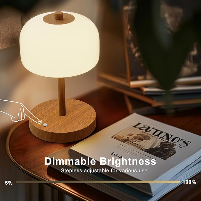 Oneach 9" Cordless Table Lamp, Wood Grain Rechargeable Battery Operated Lamp, 3-Way Stepless Dimming Touch Lamps, Small Glass Bedside Nightstand Light for Bedroom Dining Table Living Room Shelf Decor