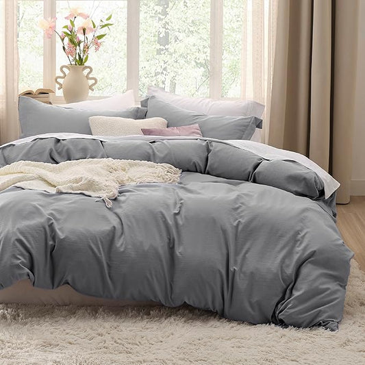 Bedsure Grey Duvet Covers Queen Size - Prewashed Cotton-Like Duvet Cover, Soft Queen Duvet Cover Set 3 Pieces with Zipper Closure, 1 Duvet Cover 90x90 inches and 2 Pillow Shams