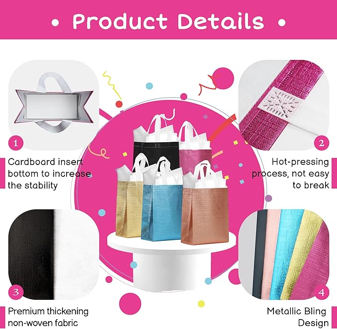 cabzymx 10 Pcs Glossy Small Gift Bags Set with Cardboard Bases, Multicolor Reusable Party Goodie Bags with Metallic Bling for Birthday, Wedding, Christmas, Parties- Blue, Rose Gold, Pink, Gold, Black