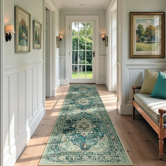 RELEANY Area Rugs 3'x9' Washable Non-Slip, Floral Vintage Distress Print Pattern Medallion Carpet for Living Room Bedroom Dining Room, Dark Blue Vintage