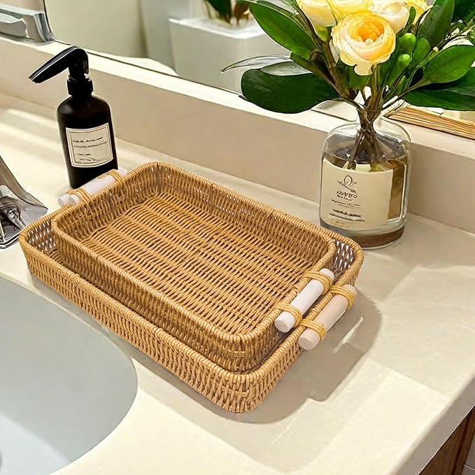 GIB PP Wicker Woven Trays with Handles, Rectangle Rattan Tray Bread Basket for Serving Food, Vegetables, Breakfast, Coffee Table Decor, Set of 2